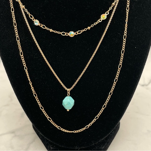 New Jolli Molli Layered Necklace Faux Turquoise Gold Tone - Picture 2 of 6